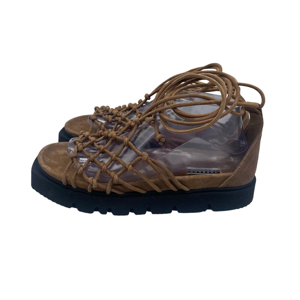 Topshop Suede Brown Black Chunky Lace Up Gladiator Sandals Womens 39 8.5